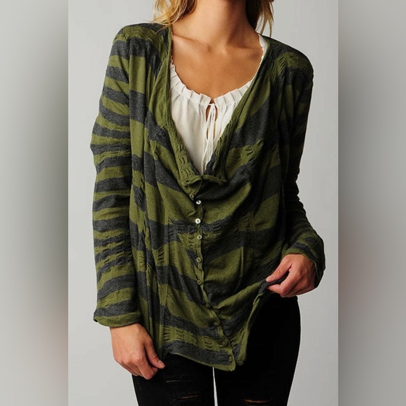 Free People | Blue & Gray Striped Ruched Cardigan - Picture 1 of 11